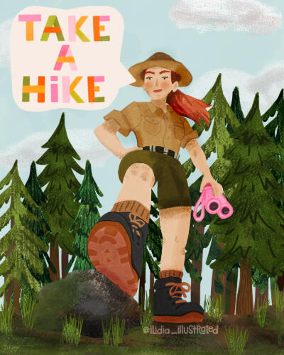 Ranger hiking with binoculars with the text "Take A Hike"