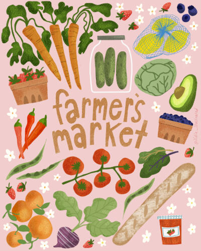 Farmers Market text with veggies and fruits